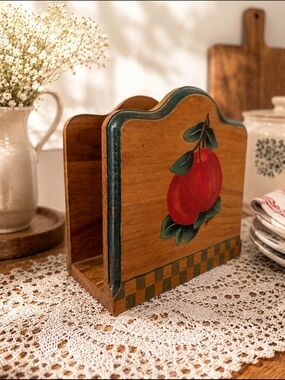 Hand-Painted Wooden Napkin Holder with Red Apple Motif